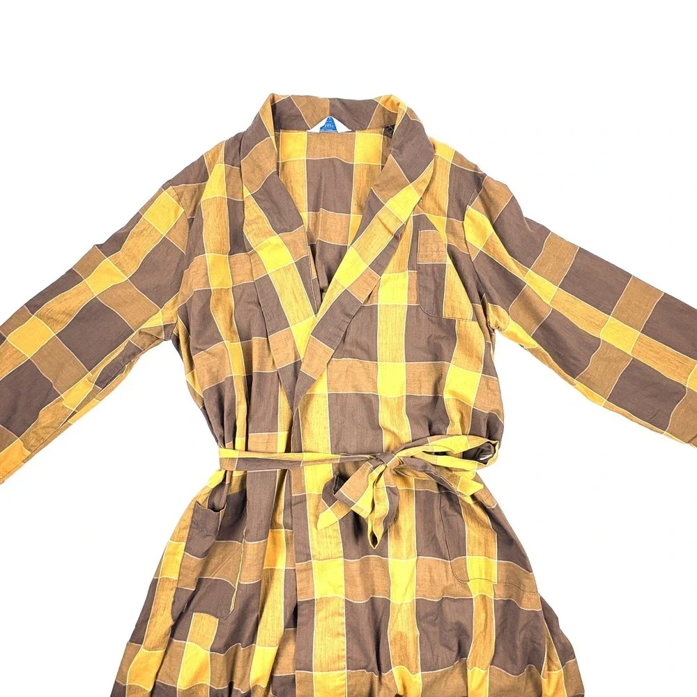 VTG 60s Montgomery Ward Brent Robe Mens XL Chocolate Brown Gold Plaid Belted
